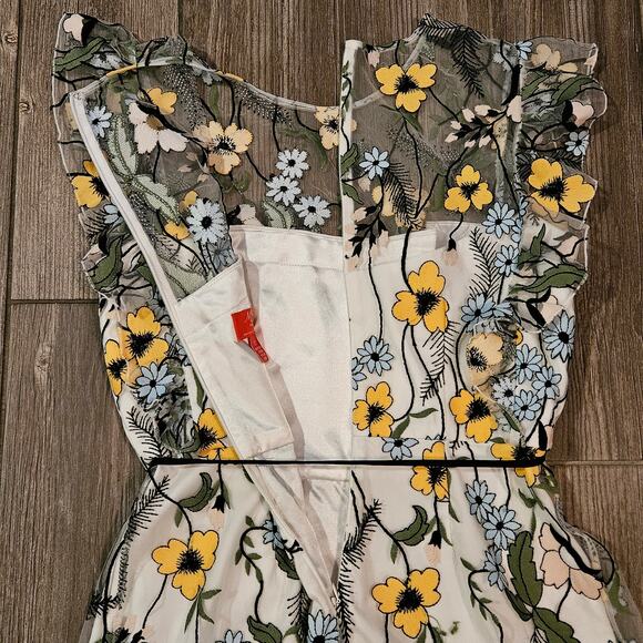 Monique Lhuillier Floral Daisy Embroidered Dress Womens 12 Sheer Overlay Ruffle - Picture 9 of 15